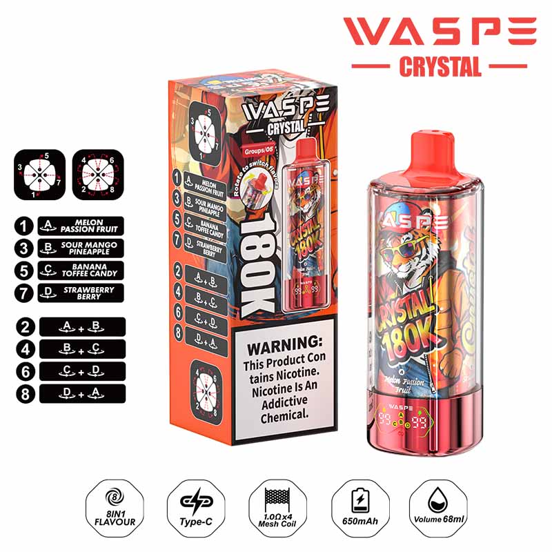 8# Strawberry Red Bull Waspe Crystal 180K Puffs 8 in 1 Disposable Vape Wholesale